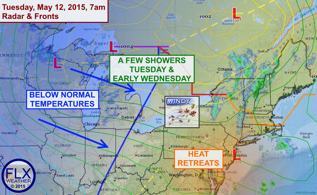 A broad area of low pressure north of the Great Lakes will bring showers and gusty winds to the Finger Lakes today, followed by some chilly air for Wednesday.
