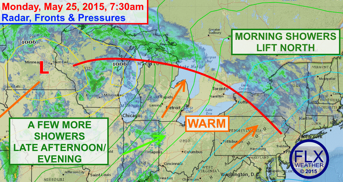 A warm front will lift through the Finger Lakes early on Memorial Day. Some showers associated with this front will push northeast of the region, but a bit more rain is possible late in the day.