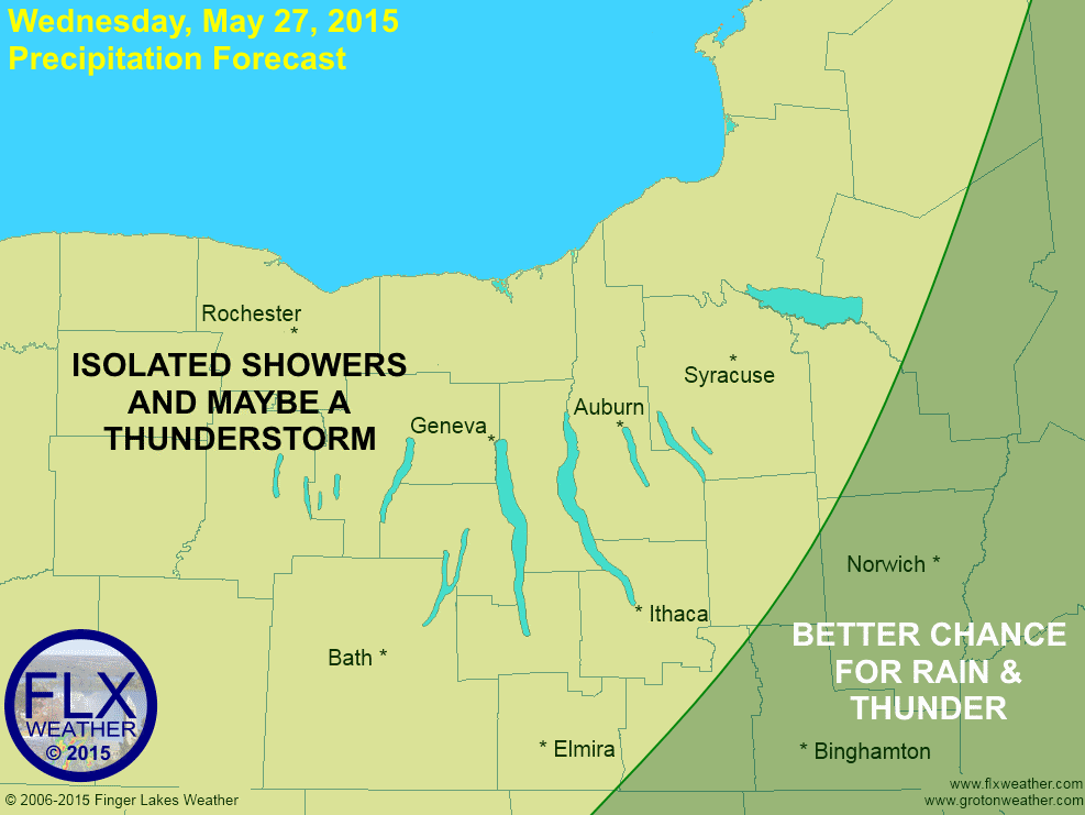 A disturbance in the upper levels of the atmosphere will trigger some showers and thunderstorms this afternoon, mostly east of the Finger Lakes.