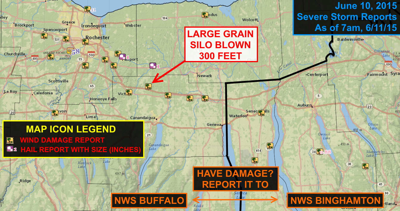 Numerous areas of damage, some significant, are being reported from Wednesday's severe storms. More strong storms may be possible late Friday. Click to enlarge.