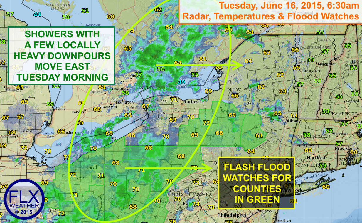 An area of rain will cross the Finger Lakes Tuesday morning. Most of the rain will be light, but a few heavier downpours are possible. Flash Flood Watches remain in effect for some areas.