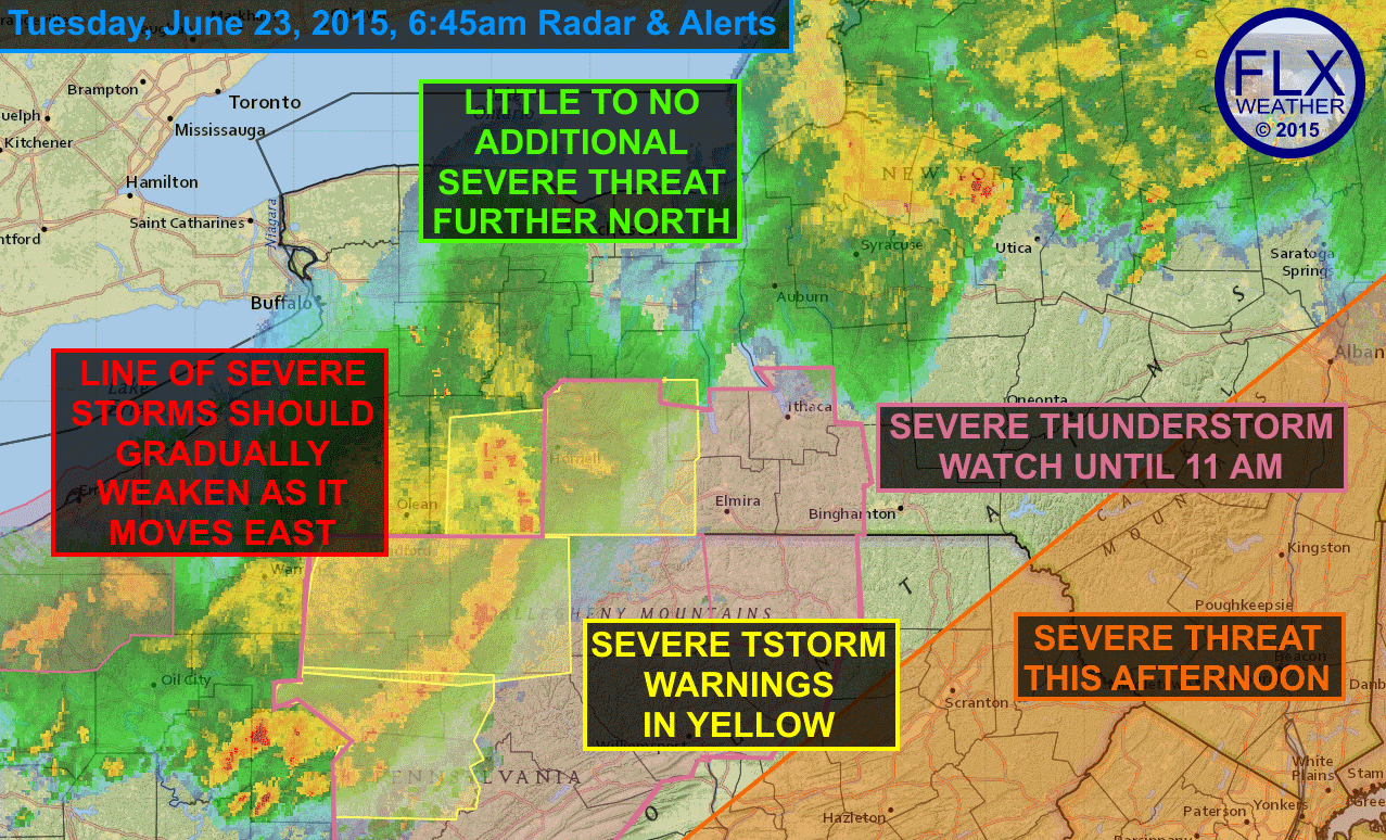 A line of severe thunderstorms is skirting along the Southern Tier this morning after a previous line brought some wind damage to parts of the northern Finger Lakes. The thunderstorms, and severe threat, will quickly move east this morning.
