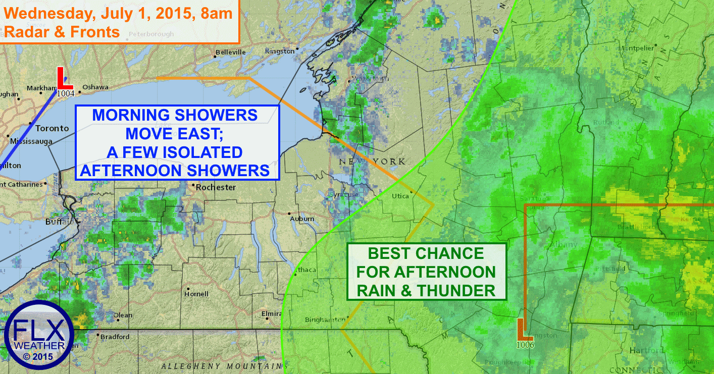 Low pressure will drag a cold front through the Finger Lakes today with some showers and maybe a thunderstorm. Nicer weather should build in behind this front.