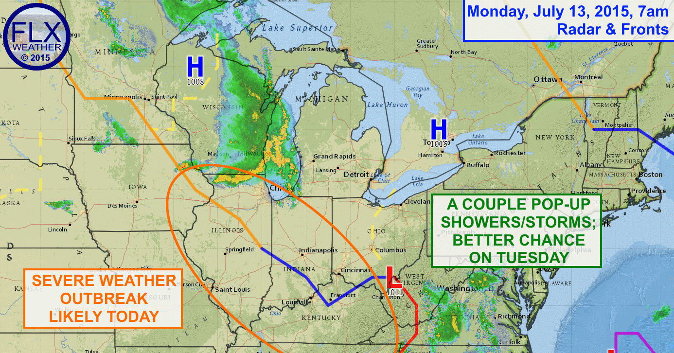 While one or two showers or thunderstorms may try to pop-up this afternoon, most of Monday should be dry for the Finger Lakes as high pressure holds on for another day.