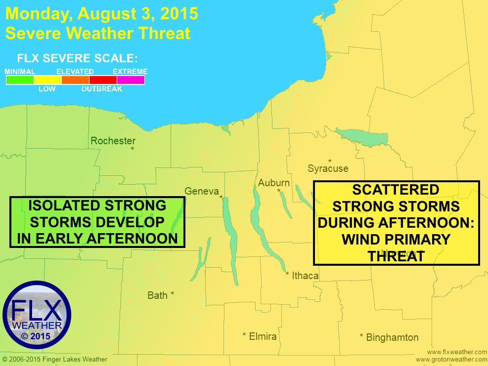 Thunderstorms will develop over western New York early this afternoon and move across the Finger Lakes. A few may be strong to severe.