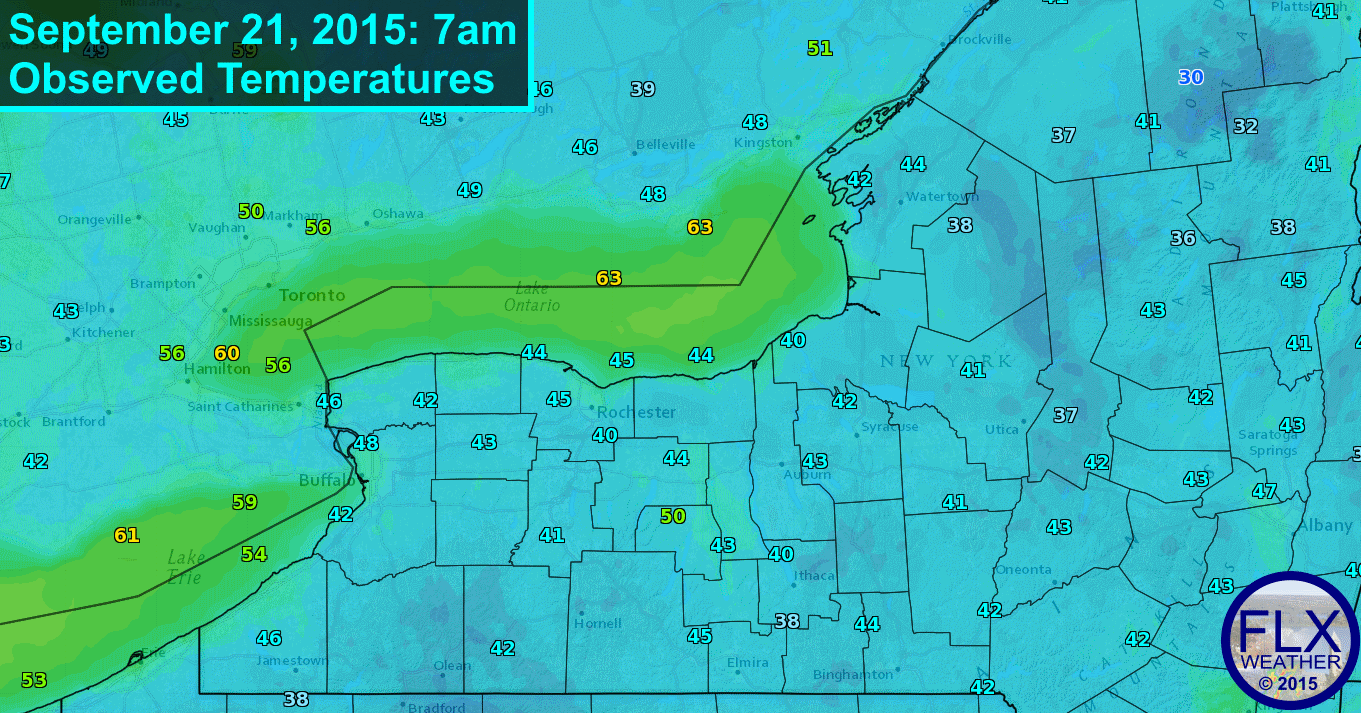 Temperatures Monday morning range from near 50 in Penn Yan to the upper 30s south of Ithaca. Temperatures most of the upcoming week should be near to just above normal.