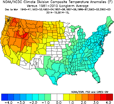 December-March temperature departure from normal averaged over all analog years, with double emphasis on 1957, 2002 and 2014.