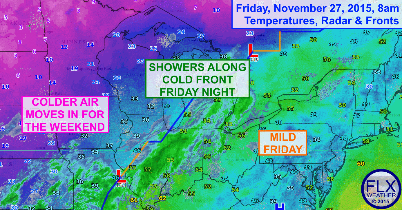 A cold front will cross the Finger Lakes Friday night, resulting in highs on Saturday & Sunday that are 20-25 degrees colder than Friday.