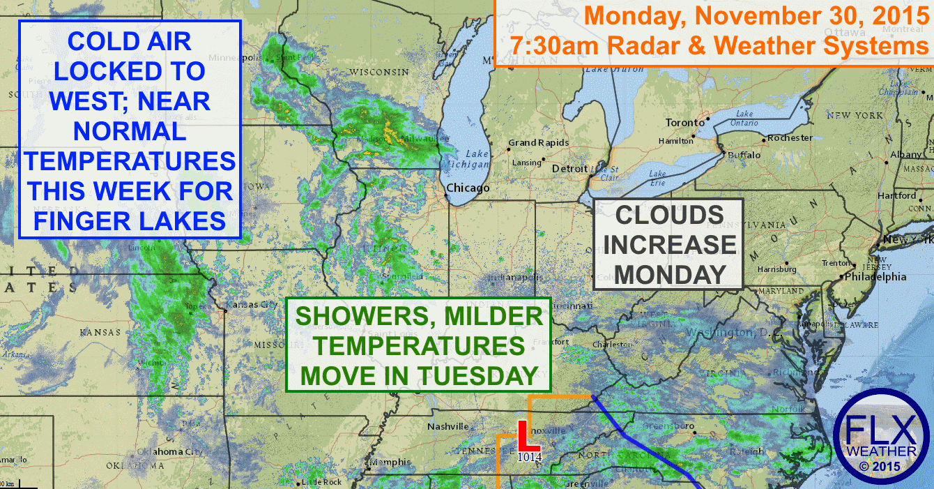 Unsettled weather will move into the Finger Lakes from the southwest with rain showers possible as early as dawn Tuesday.