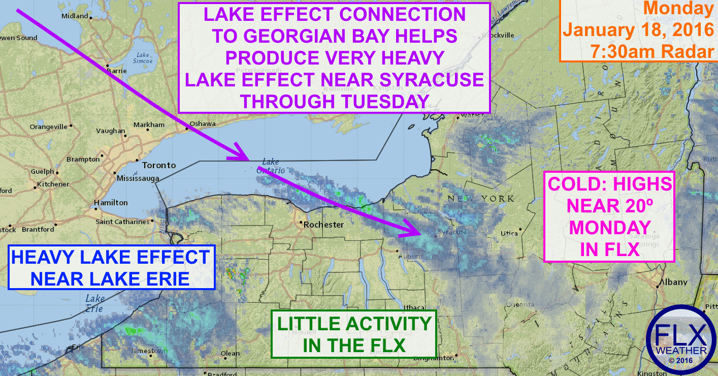 Lake effect snow will persist southeast of the Great Lakes through Tuesday.