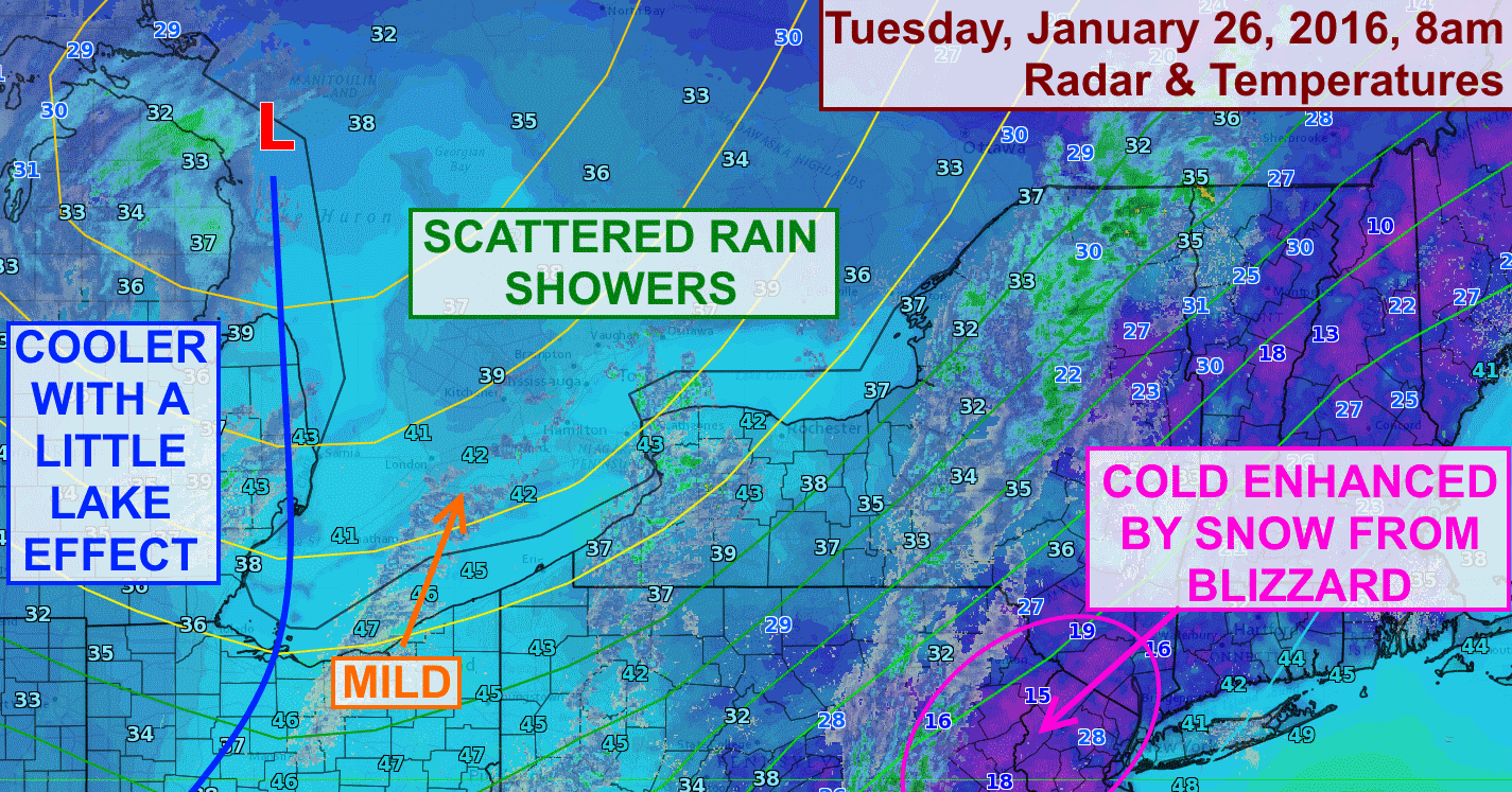 A push of mild air and some rain showers will move into the Finger Lakes on Tuesday.