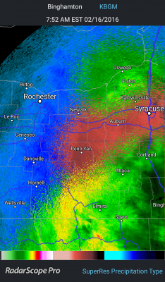 7:52am radar showing rain (green/yellow), mixed or icy precipitation (reds) and snow (blues). Click to enlarge.