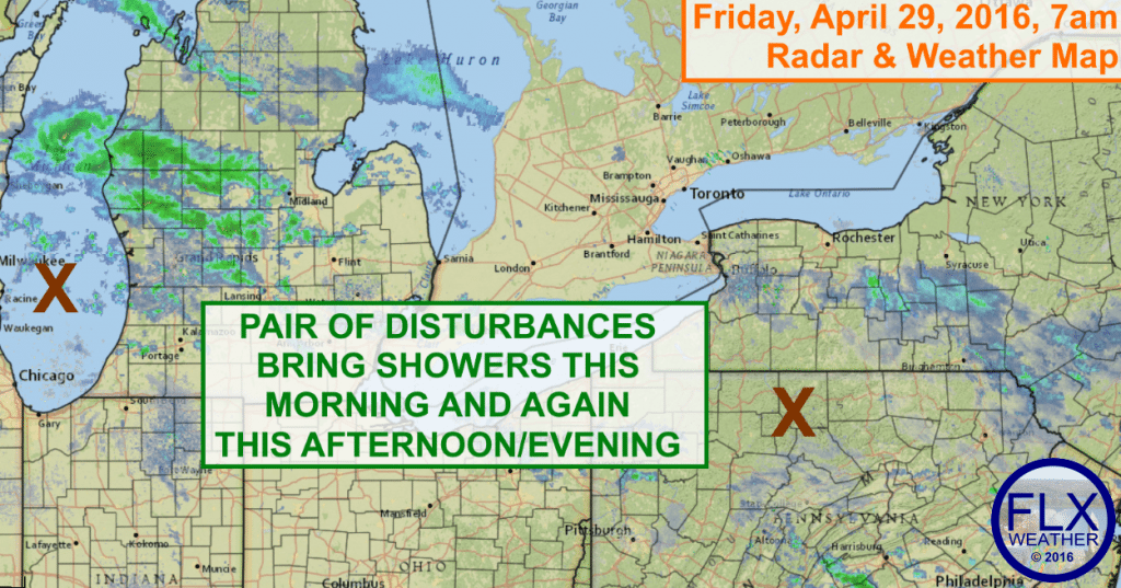 Two disturbances will spread some light rain showers across the Finger Lakes on Friday.