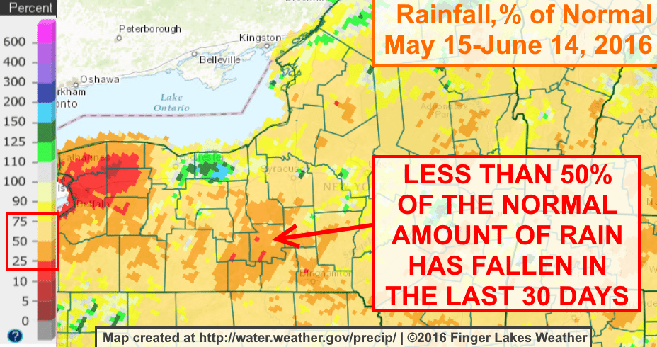 Most of the Finger Lakes has only gotten around 50% of the normal amount of rain during the last 30 days.