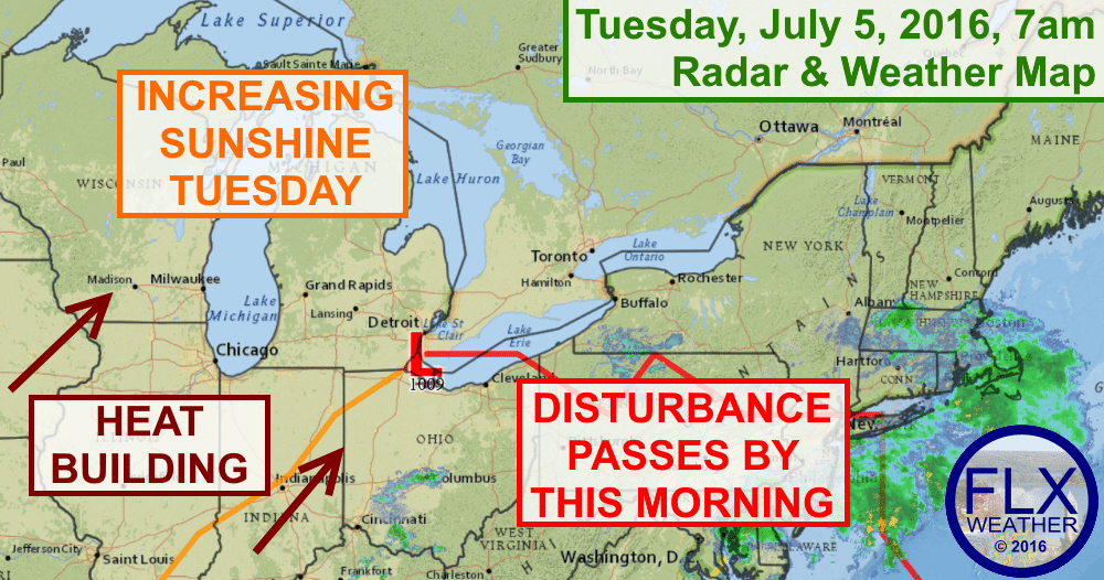 A disturbance will pass to the south this morning, but sunny skies should return by this afternoon.