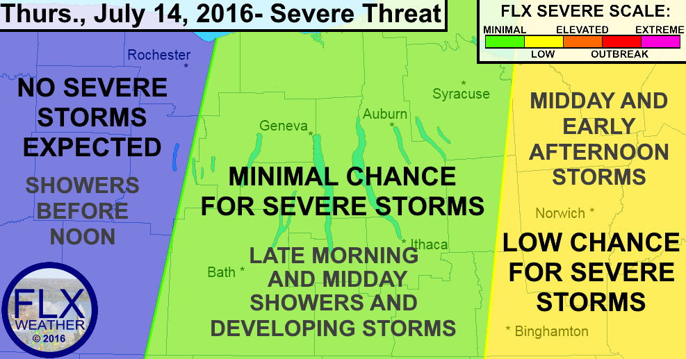 Thunderstorms will develop over the Finger Lakes during the midday hours before becoming severe further east.