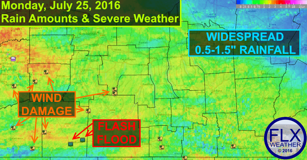 Monday July 25 2016 rain amounts and severe weather reports.