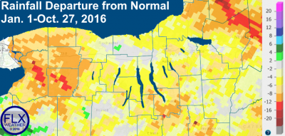 Precipitation deficits since the beginning of 2016 remain as high as 8 to 12 inches below normal in some areas. Click to enlarge.