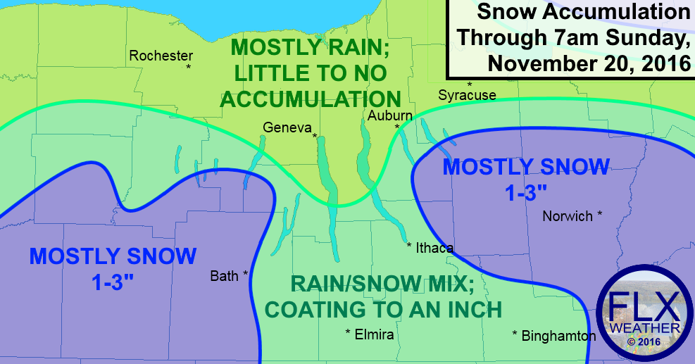 Anticipated precipitation types and snow amounts Saturday night into early Sunday. Local variation will be high.