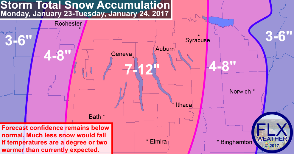 finger lakes weather forecast winter storm snow accumulation totals map janaury 23 2017 january 24