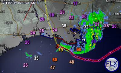 tropical storm barry path wind gusts saturday july 13 2019 7 am