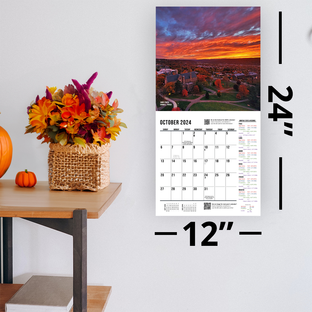 example of the 2024 weather calendar and almanac from finger lakes weather in a white room with fall plants on a table